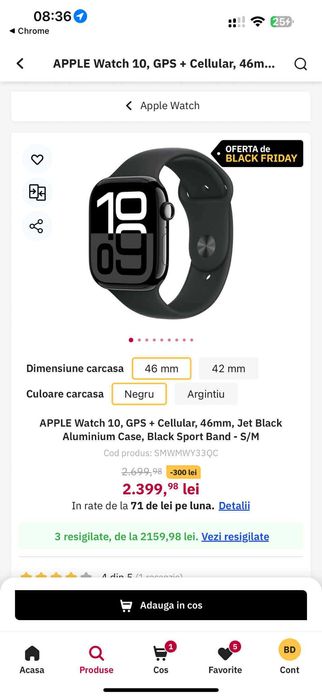 Apple Watch 10 LTE Cellular 46mm - 100% viata bateriei