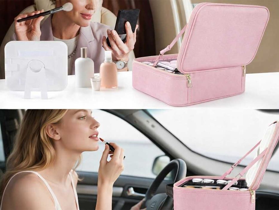 Куфар, чанта за грим и козметика с огледало и LED осветление - черен или розов цвят