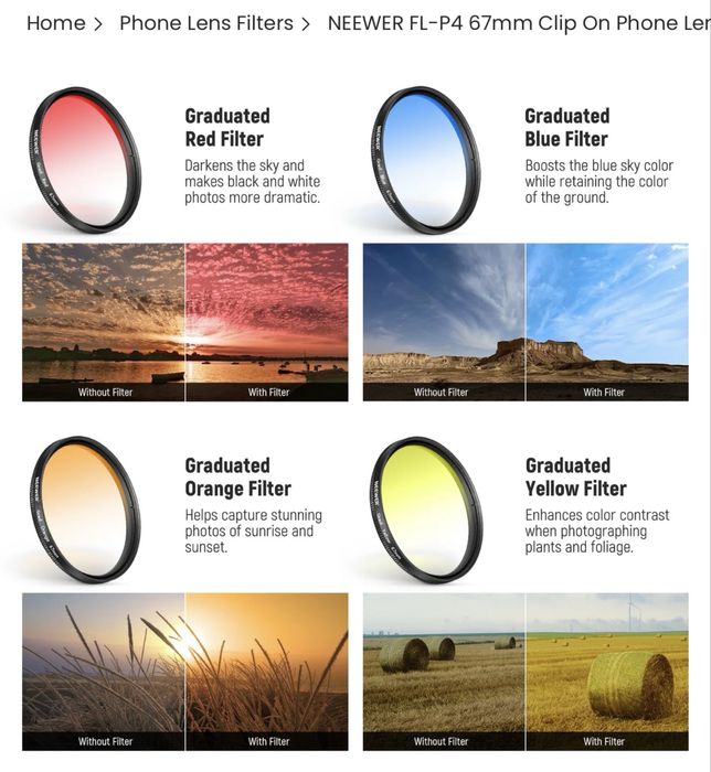 ORIGINAL NEEWER FL-P4 67 mm smartfon uchun obyektiv filtrlar to‘plami