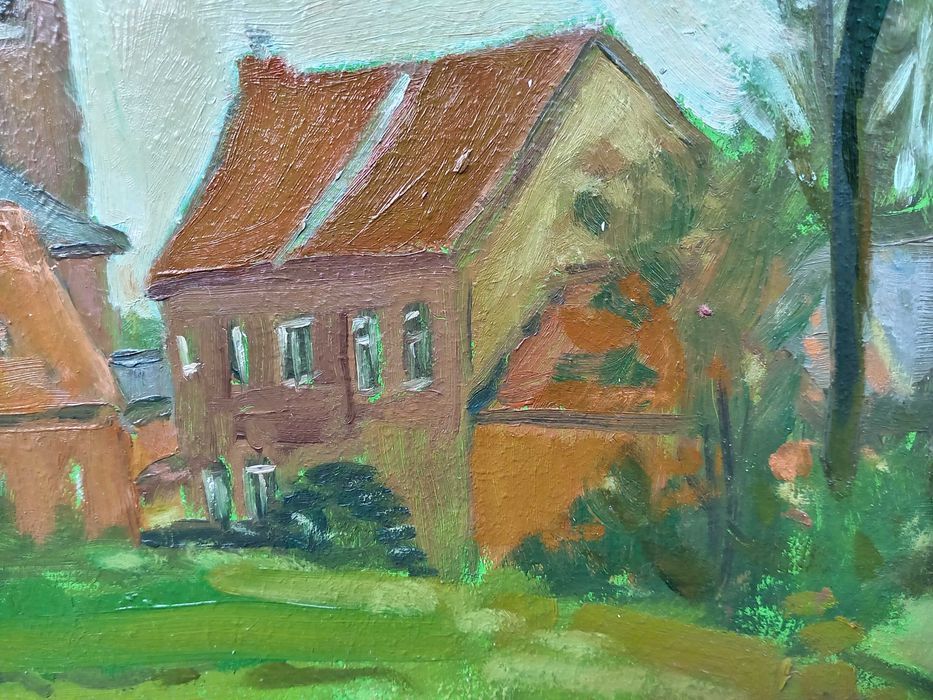 Tablou vechi - peisaj rural cu biserica - semnat Baba