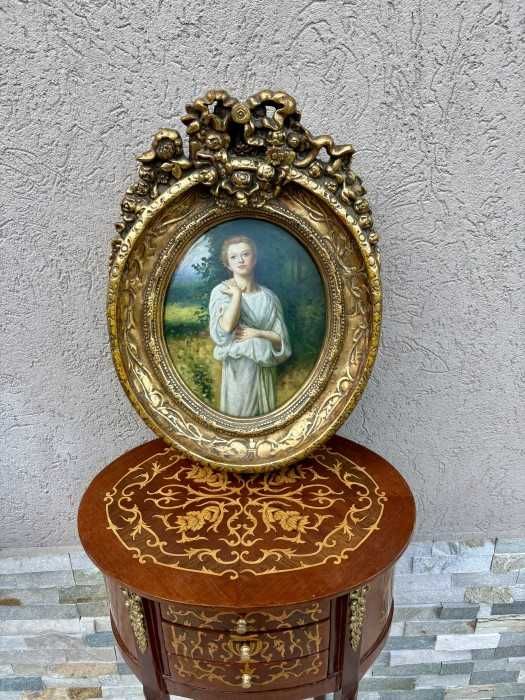 Superb tablou oval-pictura manuala pe lemn-portret -Tanara fata in rochie alba-rama masiva stil rococo-Italia