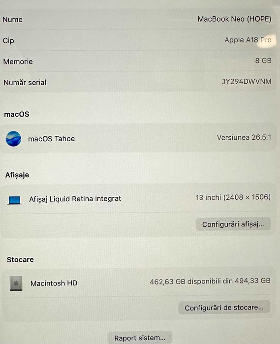 Hope Amanet P5  Macbook NEO A3404 , 13 inch , APPLE A18 PRO , 8GB RAM , 512SSD , PRODUS NOU - GARANTIE