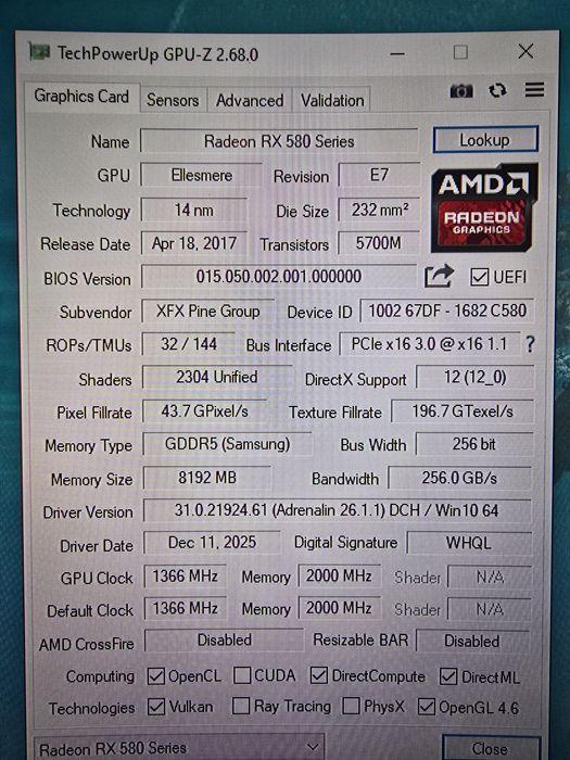 Placa video XFX Radeon RX 580 8Gb 256 bit