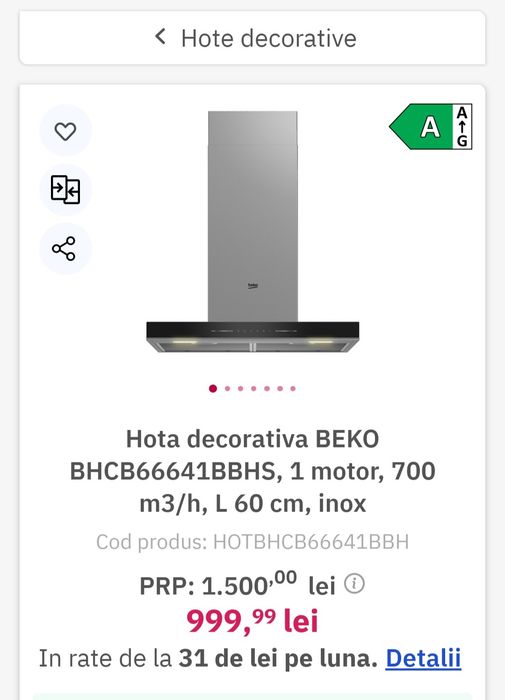 Hotă tradițională inox beko 700m3/h