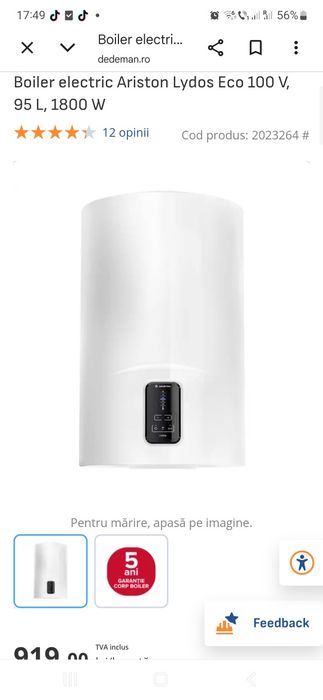 Vând boiler electric Ariston de 95 de litri