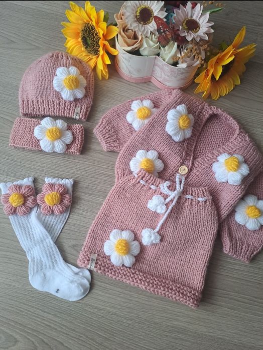 Set botez-cardigan cu flori