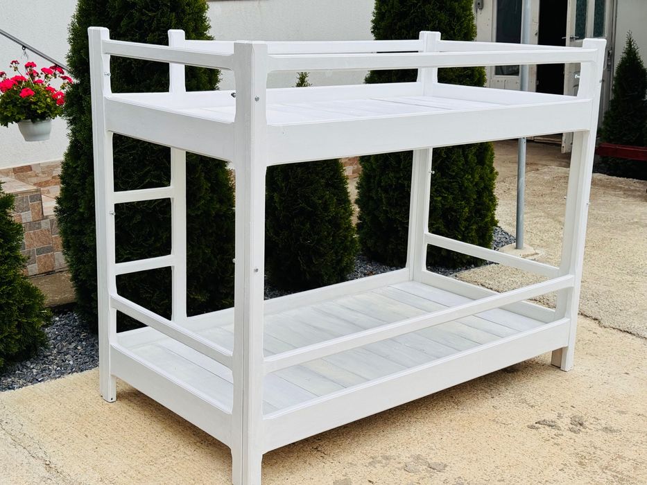 Pat etajat lemn masiv stejar – alb mat