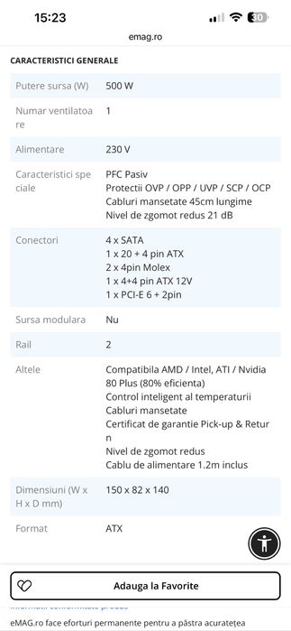 Vand sursa pc Ayrus 500 80 plus