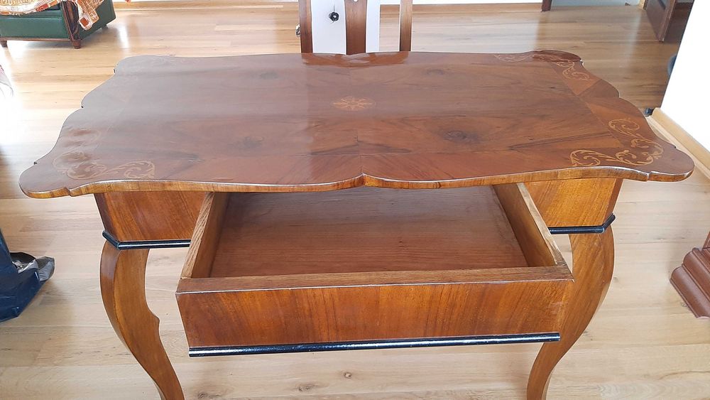 Set masa+6 scaune Biedermeier, radacina de nuc, reconditionat, an 1900