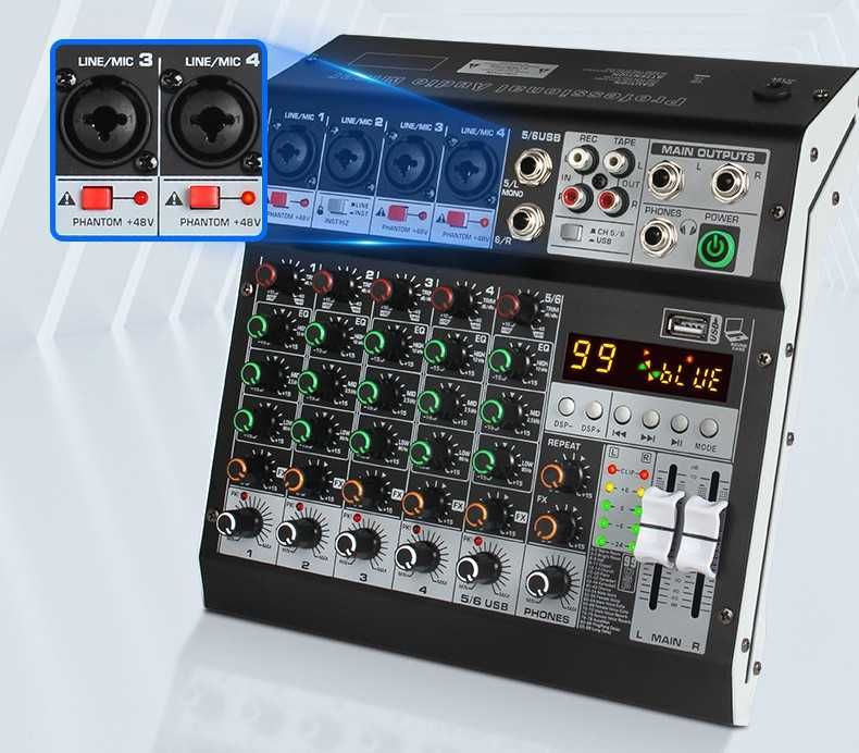 Pasiv mixer audio 6 canale KT6M Stereo canal USB Bluetooth 99 digital DSP efecte LED ecran