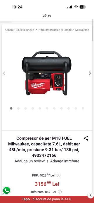Compresor aer cu acumulator - Milwaukee M18 FUEL, 9.31 bari !