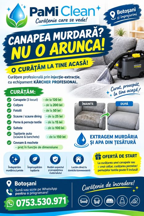 Curățare Profesională Canapele, Colțare, Fotolii, Covoare, Textile  la domiciliu