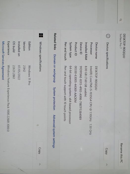 Tableta - Microsoft Surface 7 pro - i5 gen 10 - 8gb ram - defecta