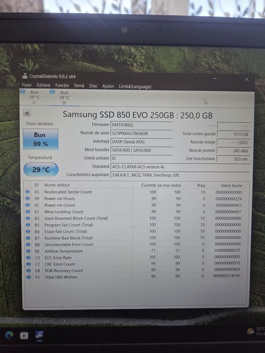 2x SSD Samsung 850 EVO 250GB SATA III – 99% Sănătate – Windows 10