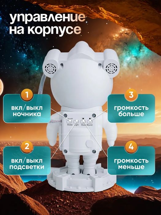 Ночник проектор космонавт с колонкой проектор звездное небо