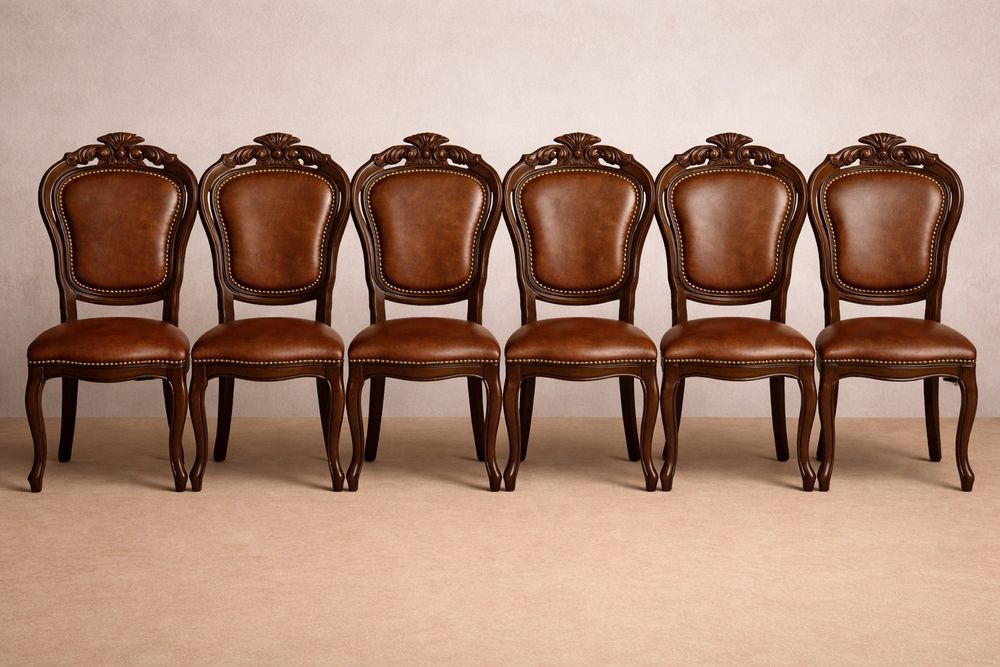 Set 6 scaune din lemn masiv cu piele italiana  fara masa