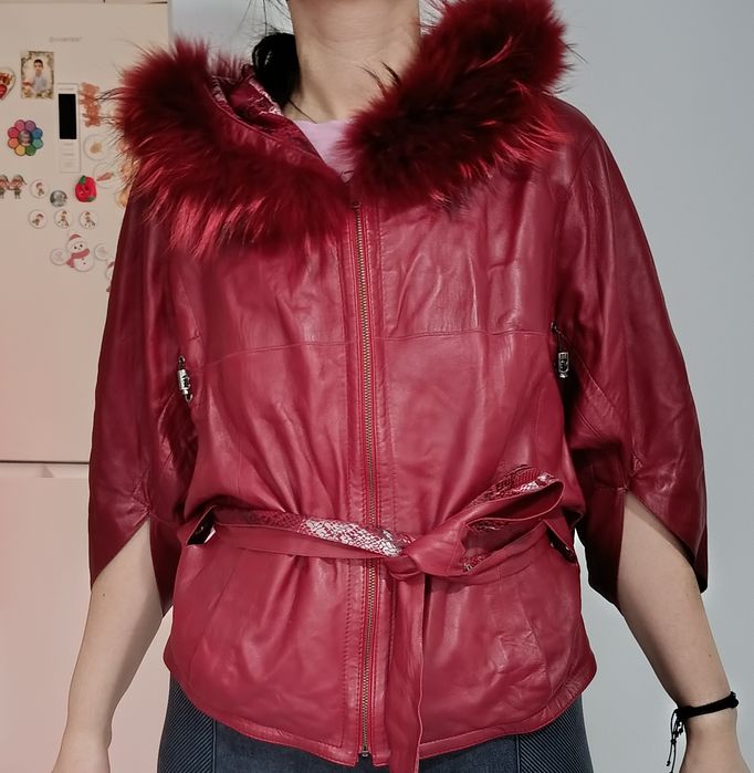 Geacă din piele naturală burgund, cu blană – All Star Leather (M)