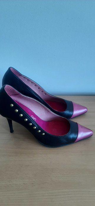 Pantofi piele naturală,bicolori roz + negru