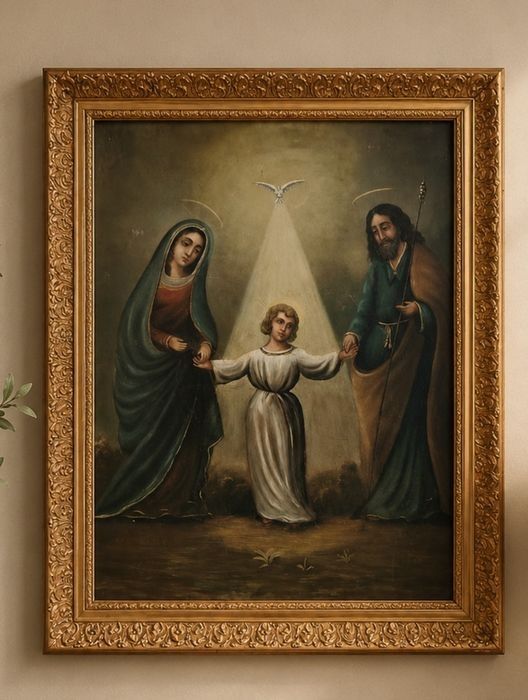 Pictură religioasă cu Fecioara Maria, Pruncul Iisus și Sfântul Iosif,rama din lemn masiv cu o deosebită sculptură, dimensiuni 95 cm cu 75