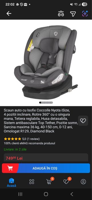 Scaun copil Auto cu Rotire 360 Prindere ISOFIX COCCOLLE 4 pozitii incl