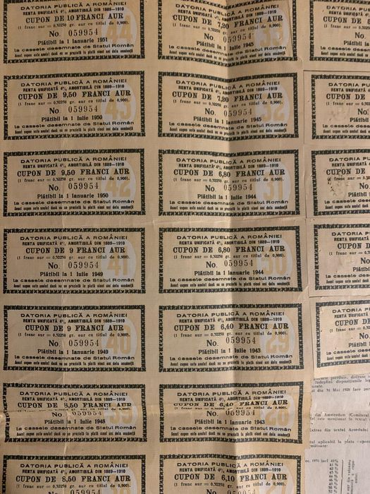 titlu stat 500  franci aur 1929 Renta Romana  bond neincasat - cupoane