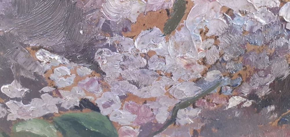 Tablou vechi - carti si liliac - semnat Octav Bancila