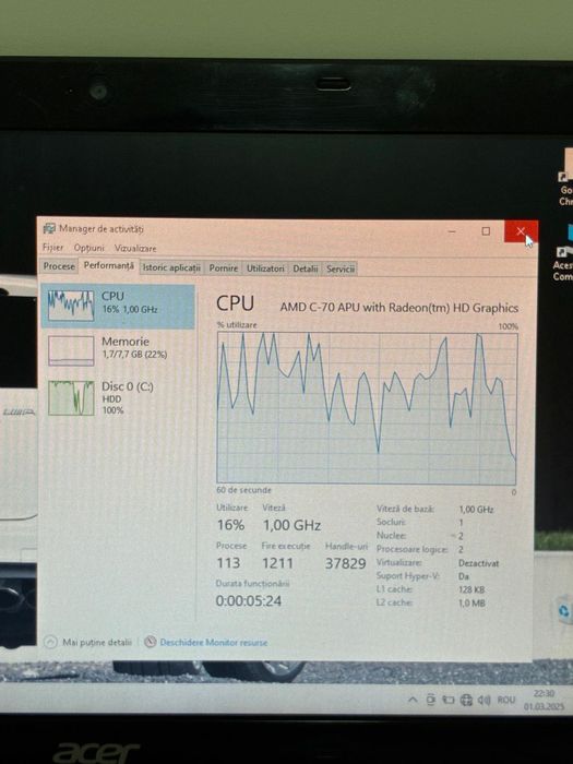 Laptop Acer Aspire One 725 C7 11,6” 2gb RAM 320 hdd w10