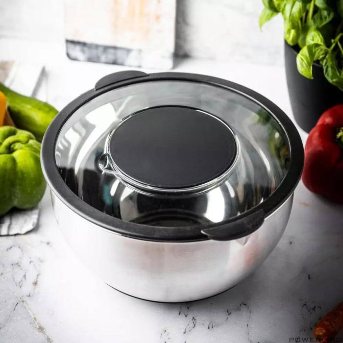 Bol inox, cu capac si razatoare, multifunctional, negru, capacitate