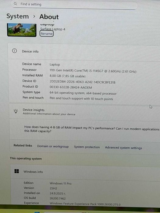 Microsoft Surface laptop 4 i5-1145G7/8RAM/256SSD/Iris XE/QHD Touch