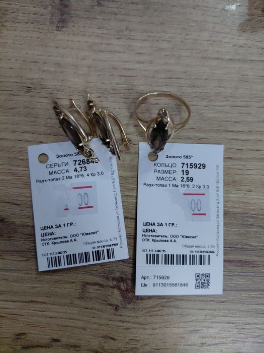 Золотой набор Sokolov (кольцо и серьги) с натуральными раухтопазами