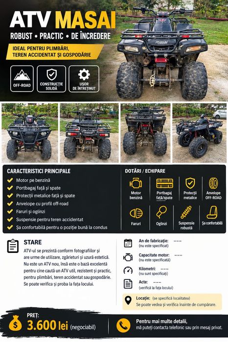 ATV MASAI – VÂNZARE – Ideal pentru teren,plimbari