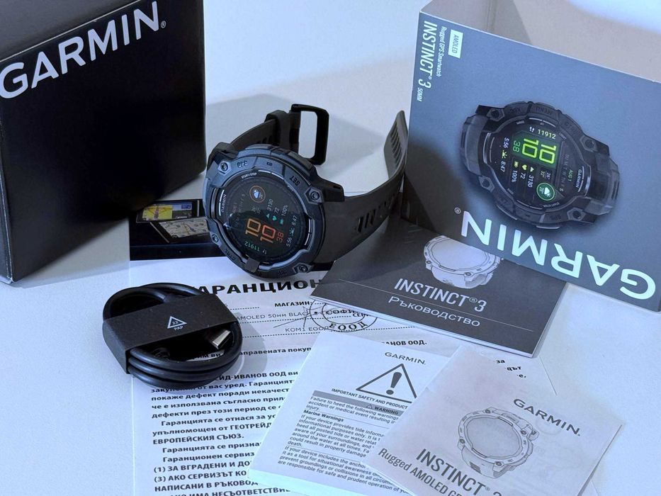 Бартер! НОВ! 24м. Гаранция! Garmin Instinct® 3 Amoled 50mm Black / Charcoal (Черен)