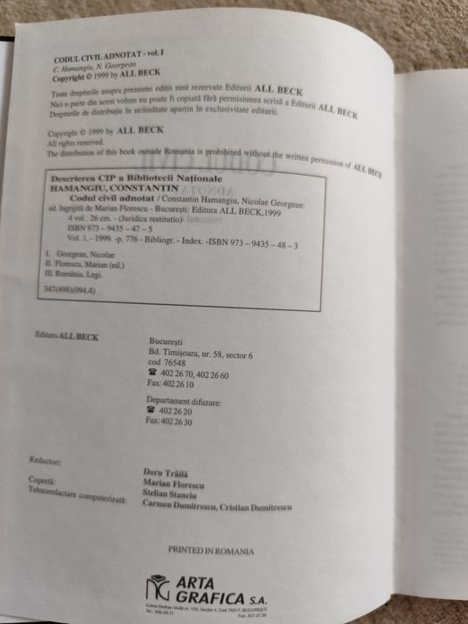 Codul civil adnotat, I si II. Constantin Hamangiu Ed. CH Beck 1999 juridica drept