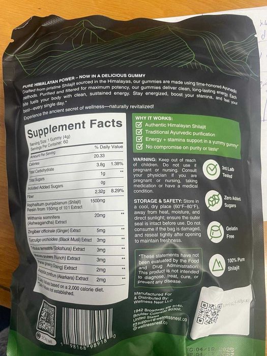 Shilajit Himalayan Gummies Wellness nest – 1500mg – Ashwagandha, Gokshura, Black Musli – 60 buc – Nou