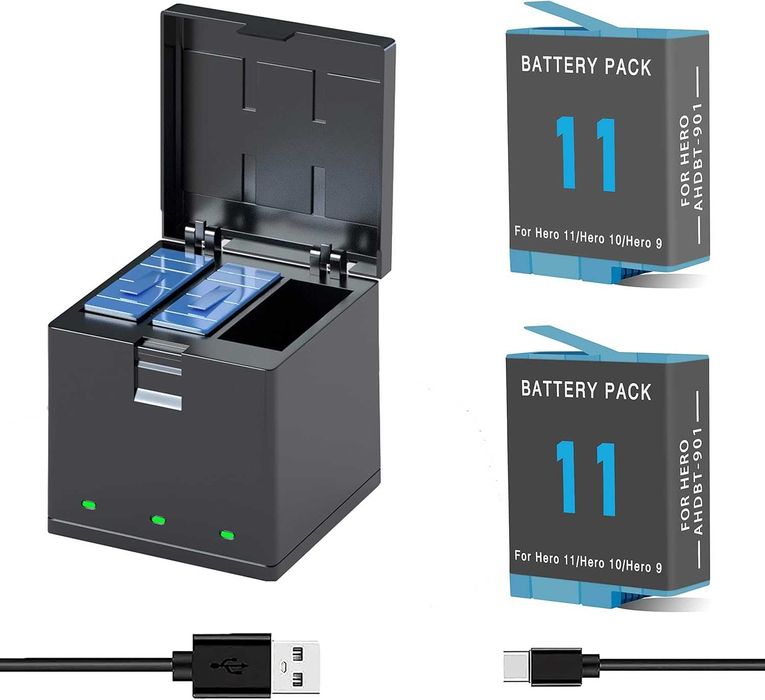 Резервни батерии 2 броя + 3 канално зарядно за GoPro Hero 9/10/11/12
