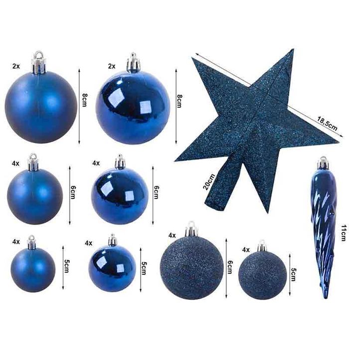 Комплект коледни топки и звезда за елха, синьо брокатено, 33 части