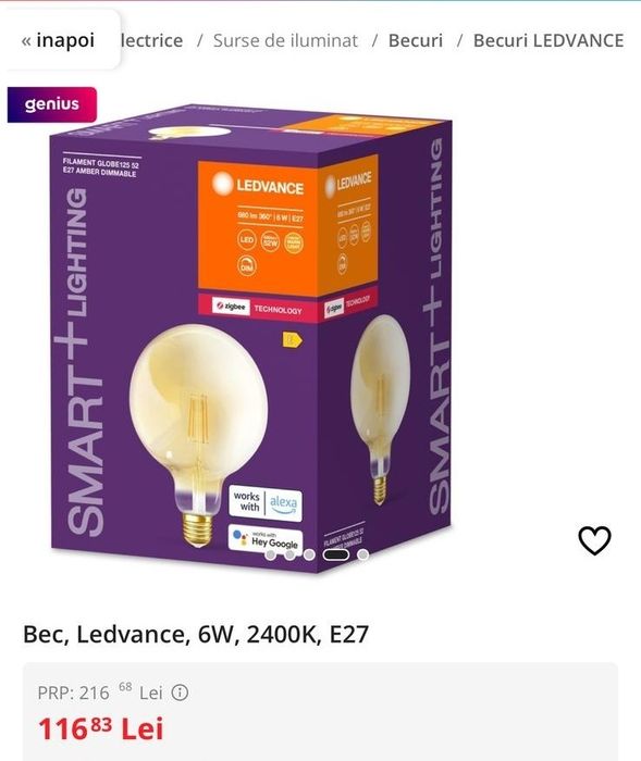 Bec inteligent (lampa) Smart LED tehnologie ZigBee glob auriu reglabil