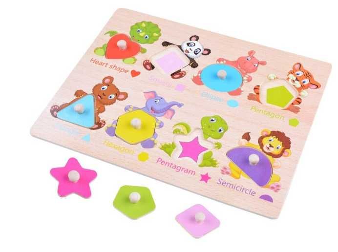 Puzzle educational din lemn cu animale si forme geometrice
