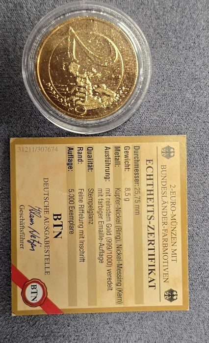 2€ Германия Саксония Позлатена Цветна Монета