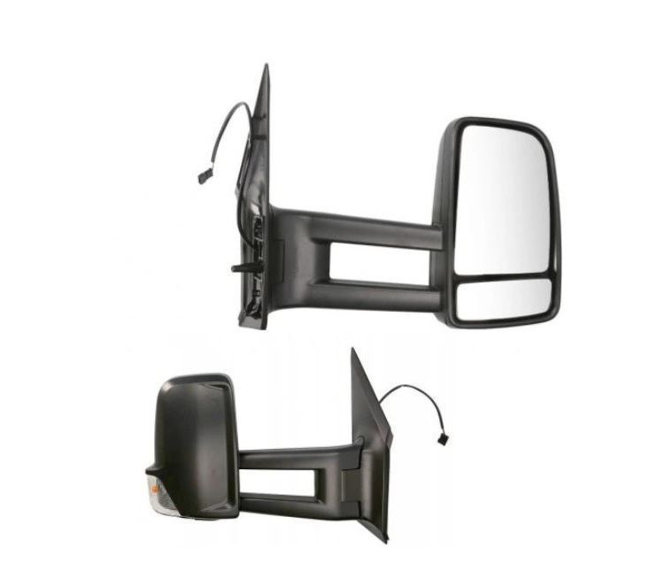 Oglinda usa exterioara Mercedes Sprinter, 2006-2018, VW Crafter (2E), 2005-2017, partea dreapta, reglare electrica; carcasa neagra; incalzit; sticla convexa; geam cromat; 6 pini; cu semnalizare; brat lung