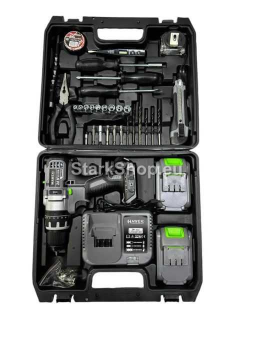 Премиум Акумулаторен Ударен Винтоверт HAWEK 2 Батерии 24V + 30БР Инстр