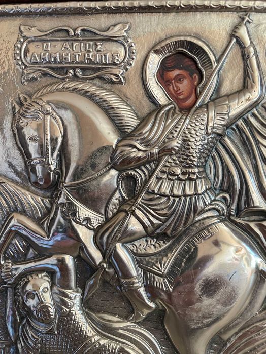 icoana veche sfantul dumitru icoana veche argintata dim 27cm x 24cm