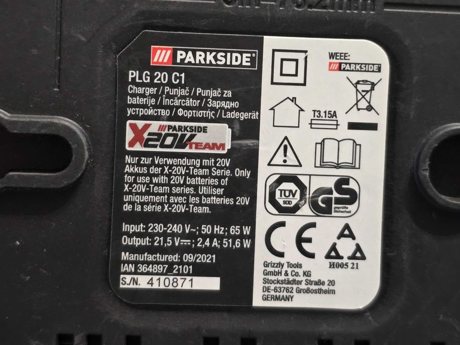 Incarcator Parkside seria X20V Team, PLG 20 C1, 21,5V - 2.4A 51,6W