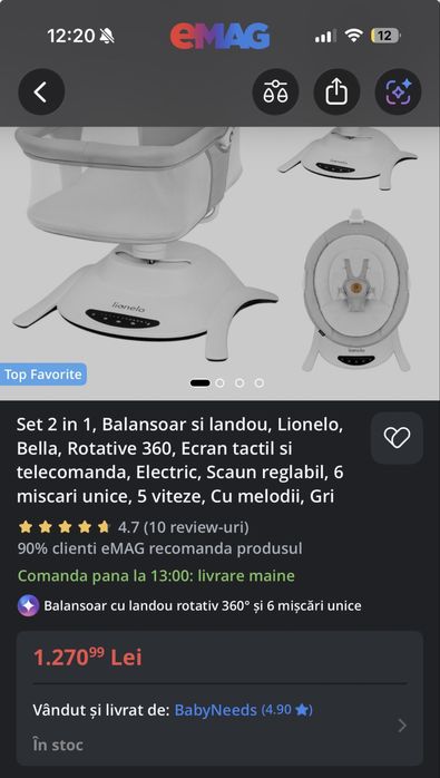Balansoar electric Lionelo Bella 2 în 1 cu landou, rotire la 360°, telecomandă, 5 viteze, 12 melodii, ca nou, stare 10/10, predare personală Timișoara