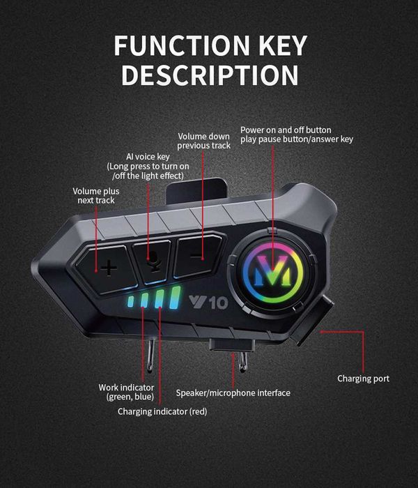 Sistem Bluetooth pentru casca motocicleta V10 ,Intercom Sistem Comunicare Casca Moto cu Bluetooth 5.3 1000mAh
