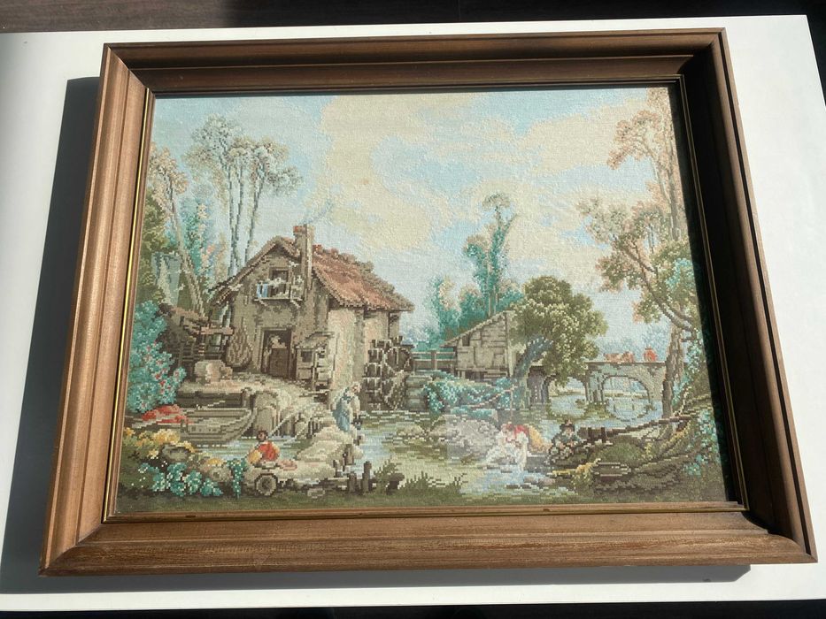Ръчно ушит гоблен ,,Воденицата на Буше", рамкиран в луксозна рамка (81.5х65.5см)