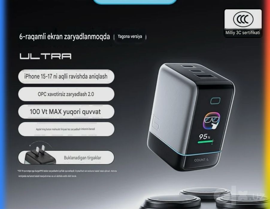 Cuktech 6 GaN Charger Ultra 100W Smart ekranli premium zaryadka