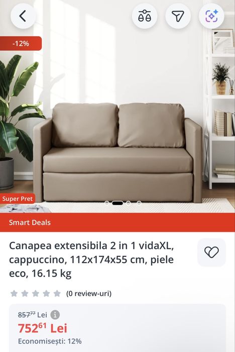 Canapea  Extensibila  2in1, cappuccino, 112x174x55 , piele eco