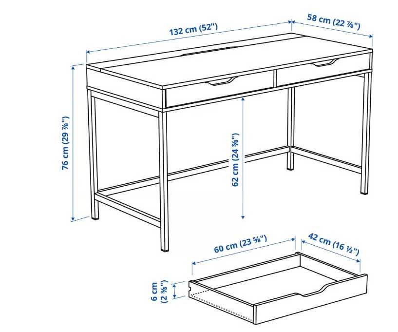 VAND 1 Birou lucru alb ALEX lungime 132 latime 58 cm IKEA Cadru metalic 2 sertare in fata