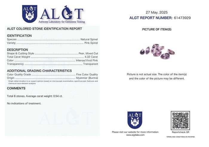Spinel natural roz intens – 8 pietre (4,32 ct total) – certificat ALGT